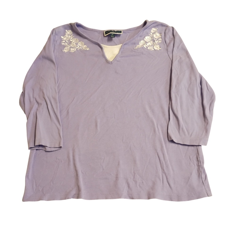 Karen Scott Floral Embroidered Top Women XL Purple 3/4 Sleeve Cotton Casual Tee